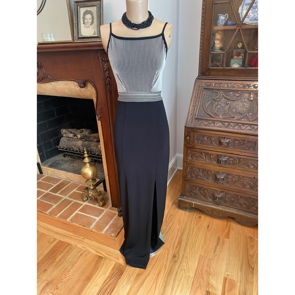 Tadashi Black White Striped Lace Up Back Rhinestone Button Maxi Gown Dress